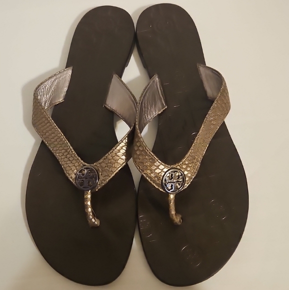 Tory Burch Thora Sandals Snakeskin Embossed Leather Flip Flops Brown Size 9 - Picture 2 of 13
